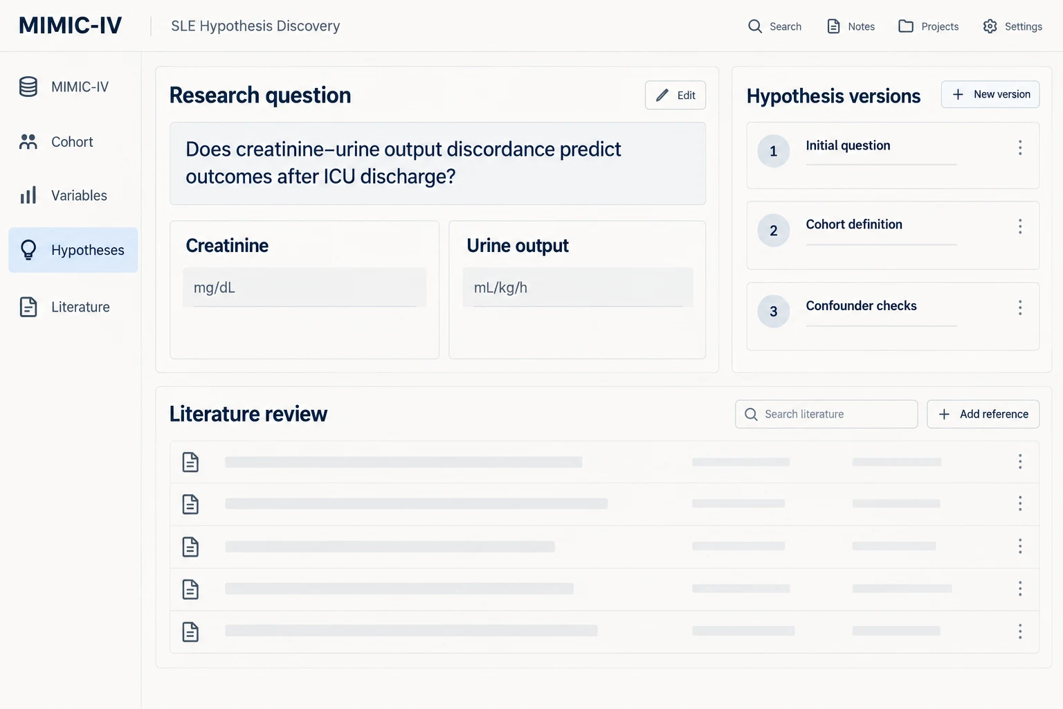 Generated illustration of a notebook linking a research question to data tables and literature